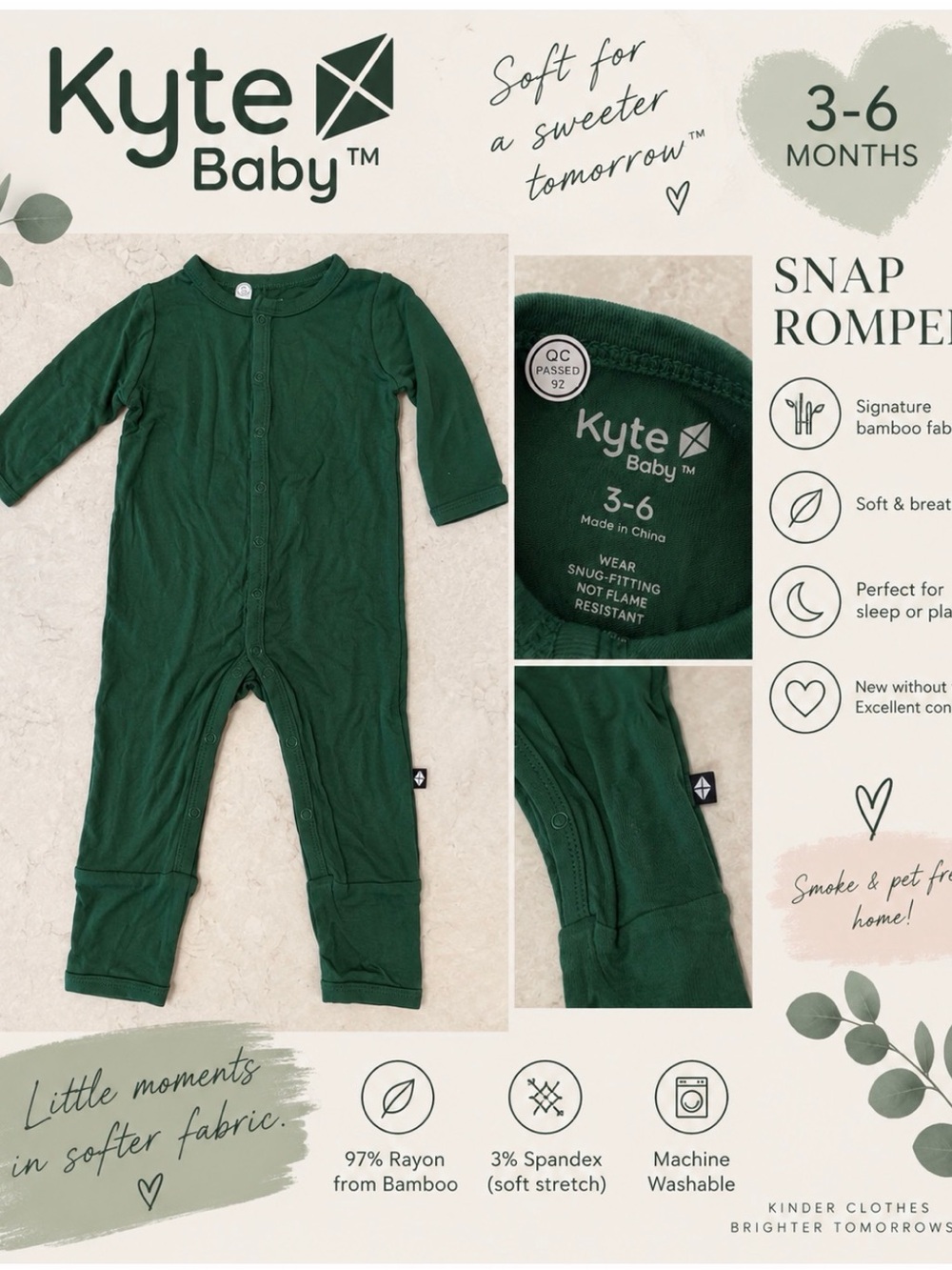 🌲 Kyte Baby Snap Romper – 3–6M | Emerald Green | NWOT